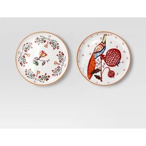 Threshold Stoneware Folk Art Pheasant and Floral Appetizer Plates Set of 2